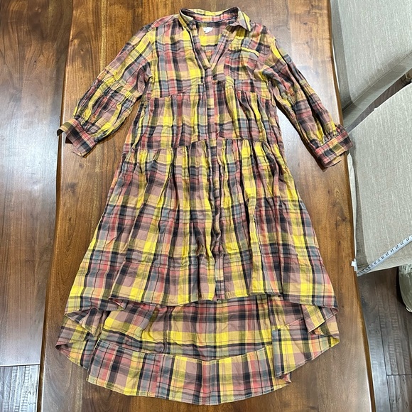 Anthropologie Pilcro Long-Sleeve Tiered High-Low Dress Fall Plaid Collar Boho M - Picture 3 of 9
